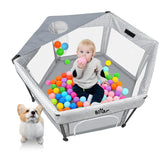 Bear Foldable Baby Playpen with Canopy & Mat, Portable Indoor/Outdoor Play Yard for Toddlers