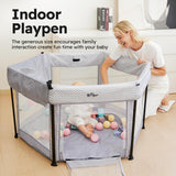 Bear Foldable Baby Playpen with Canopy & Mat, Portable Indoor/Outdoor Play Yard for Toddlers