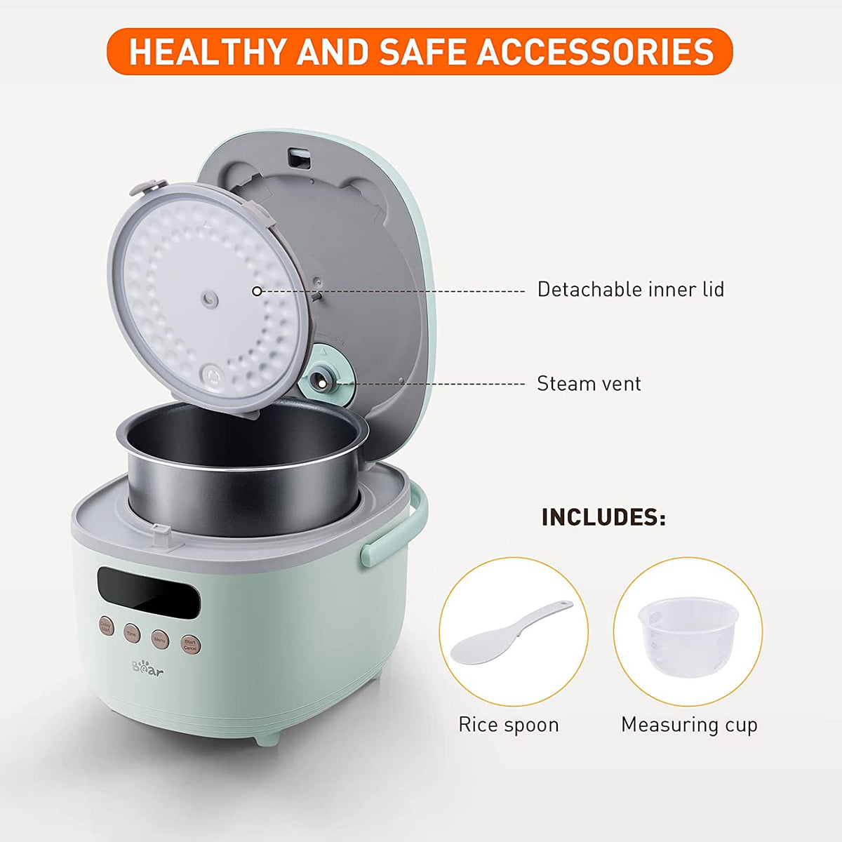 BEAR Rice Cooker 2 Cups Uncooked(4Cups Cooked), Small Rice Cooker Steamer  with R
