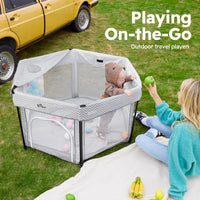 Bear Foldable Baby Playpen with Canopy & Mat, Portable Indoor/Outdoor Play Yard for Toddlers
