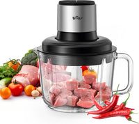 Bear QSJ-K03N5 8-Cup (2L) Electric Food Processor, 300W Grinder with Glass Bowl, 4 Stainless Steel Blades, 2 Speeds, Easy Clean for Meat & Veggies