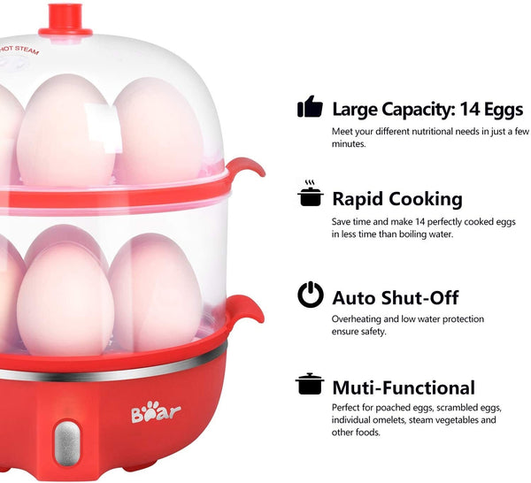 Bear ZDQ-B05C1 Rapid Multi-function Egg Cooker,With Auto Shut Off Steam and Fry Function,Ceramic Rack Egg Boiler, Pink